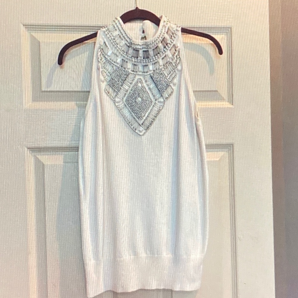 Cache Ivory Embellished Halter Sweater Blouse